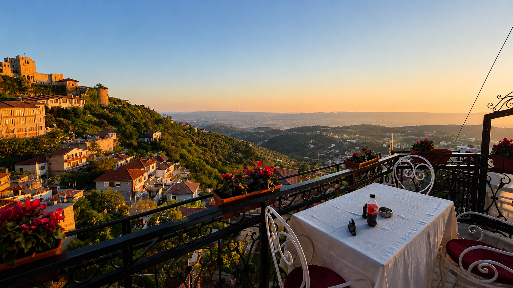Sunset panorama from Villa Castriota terrace with castle and valley view