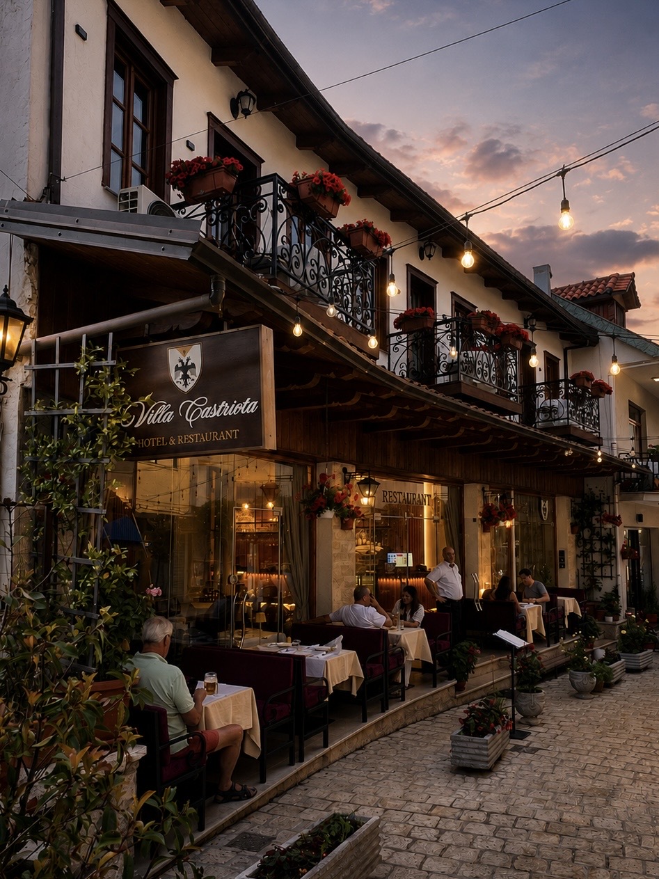 Villa Castriota restaurant exterior at evening with outdoor terrace dining and string lights