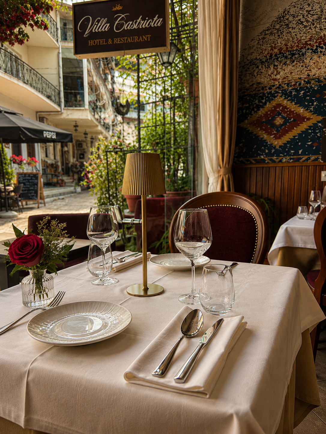 Villa Castriota restaurant with elegant table setting and view of the Old Bazaar