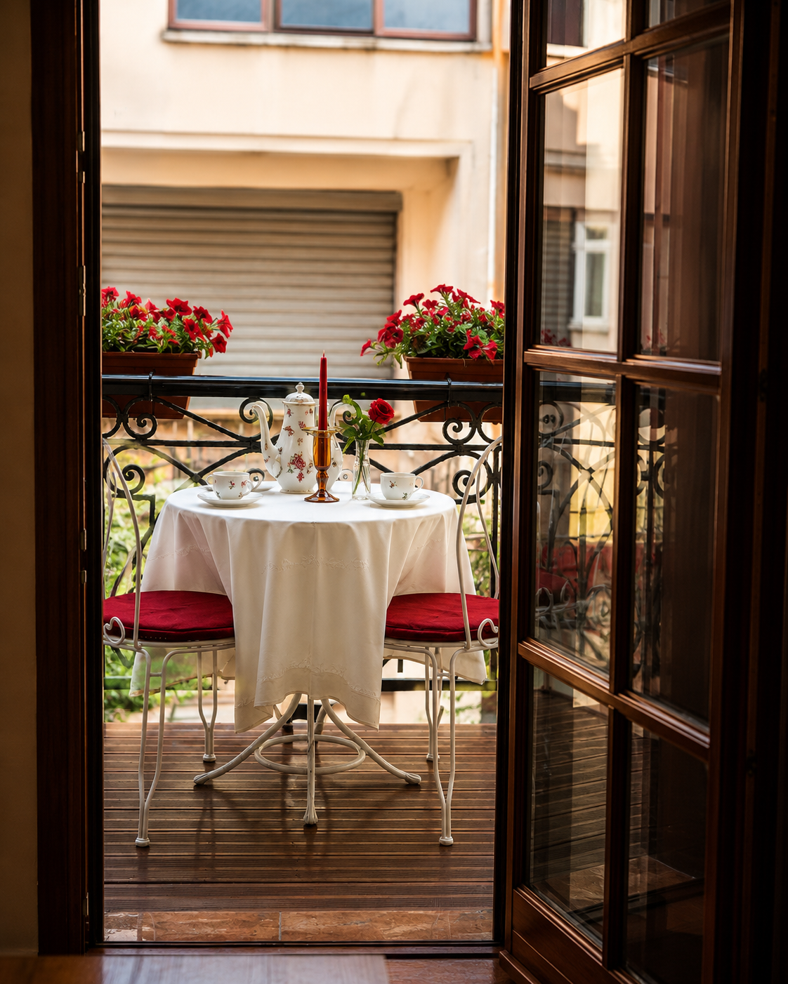 Romantic balcony tea setting at Villa Castriota